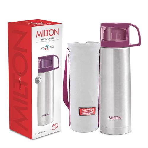 Milton Glassy 500 Thermosteel 24 Hours Hot and Cold Water Bottle with Drinking Cup Lid, 500 ml