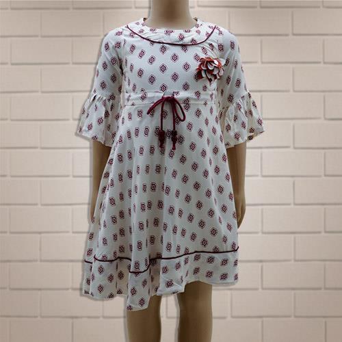 G.GIRL FROCK WHITE- MAROON PRINTED- 2 Y