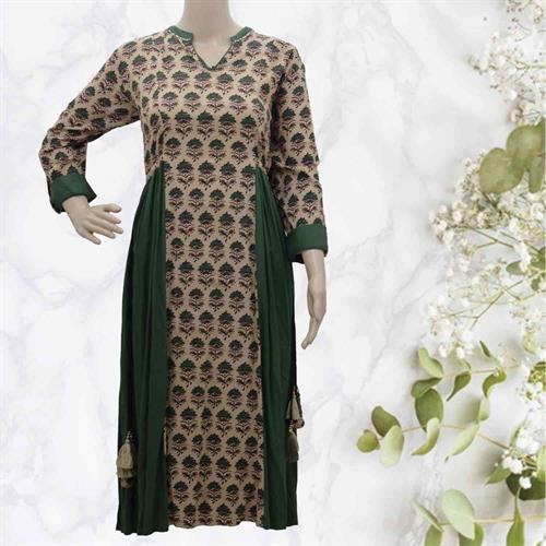 SHREE FROCK KURTI GREEN-CREAM-M