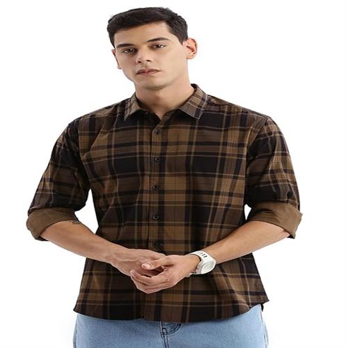 ZOOMMARK MENS SHIRT BROWN CHECKS - L